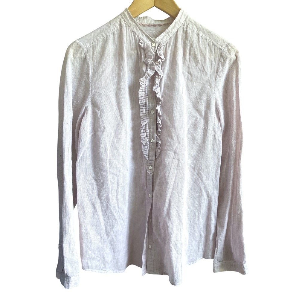 Massimo Dutti Pink White‎ Striped Ruffled Button Down Blouse Top size